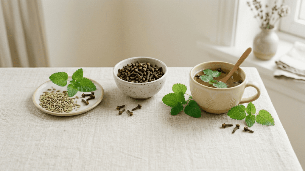fennel seeds lemon balm leaves and cloves as herbal remedies for nausea