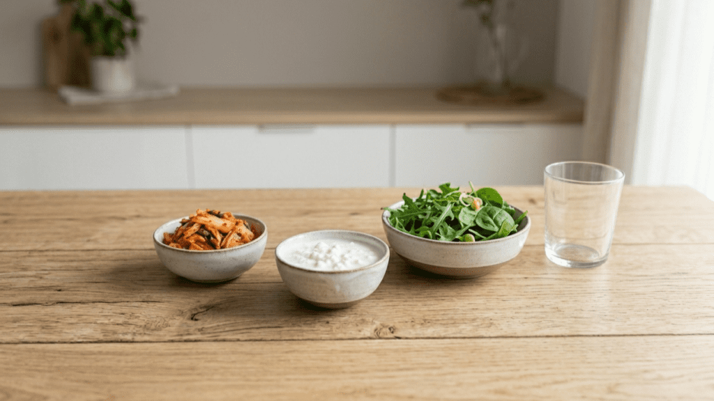 fermented foods and fresh greens supporting foods for healthy digestion in a minimal setup