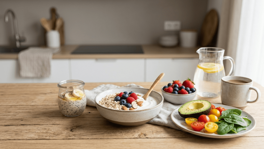 balanced healthy meal with fiber-rich foods for healthy digestion on a clean indoor table