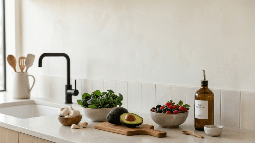 a clean arrangement of foods that support liver health including vegetables, fruits, and healthy fats on a kitchen counter