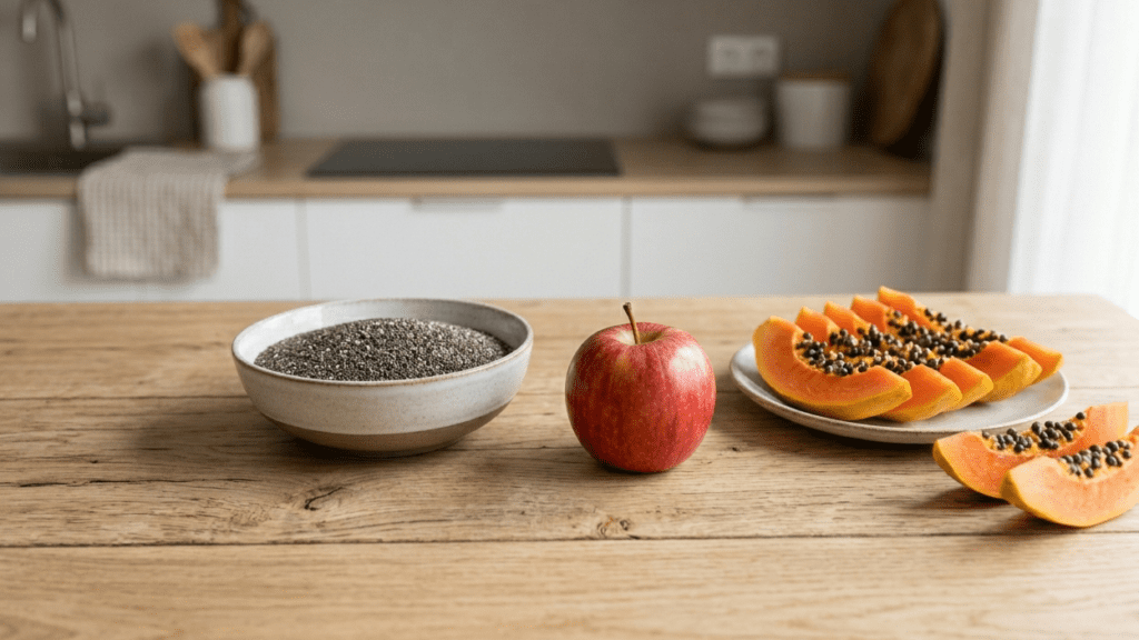 apples papaya and chia seeds displayed as foods for healthy digestion indoors