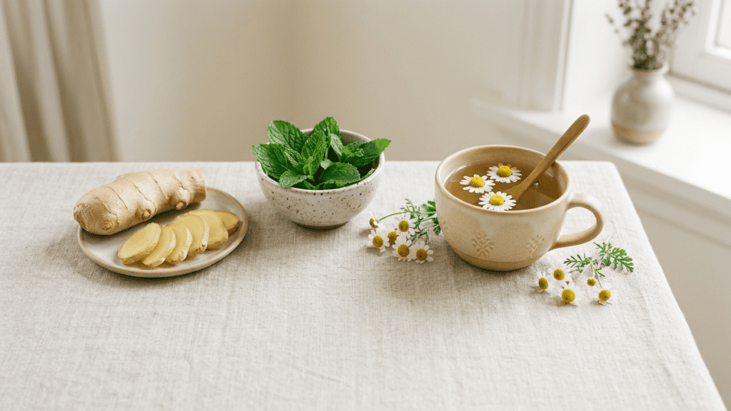 ginger root peppermint leaves and chamomile tea used as herbal remedies for nausea