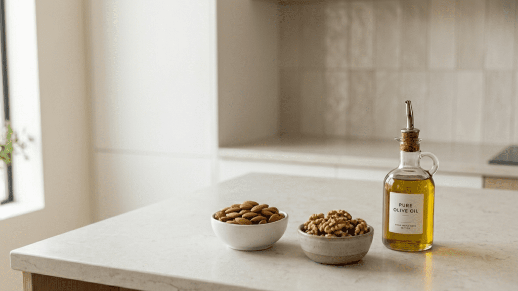 nuts and olive oil as foods that support liver health displayed on a minimal kitchen table