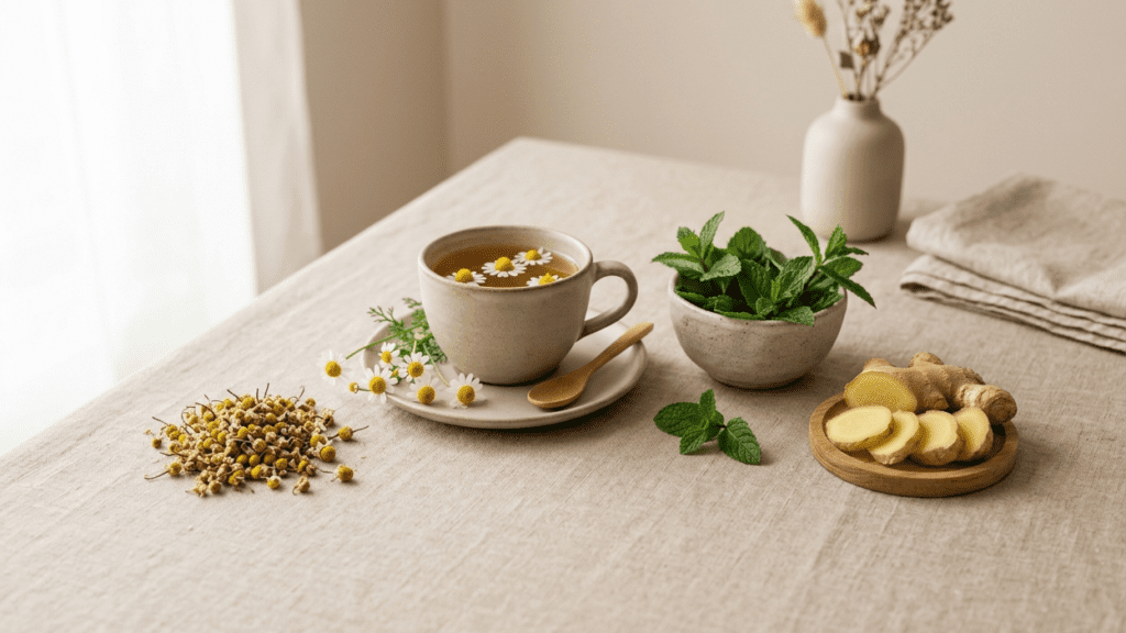 herbal remedies for nausea including ginger tea and peppermint in a clean indoor setting