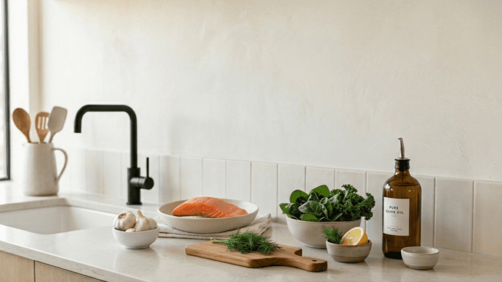 healthy foods that support liver health including leafy greens and fatty fish arranged on a clean indoor surface