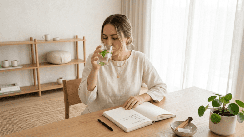 person practicing natural daily detox habits with water and healthy routine indoors