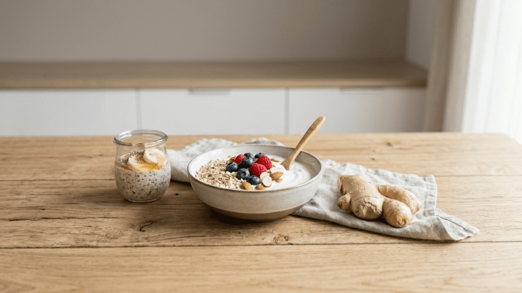 yogurt oats and ginger arranged for foods for healthy digestion on a clean surface
